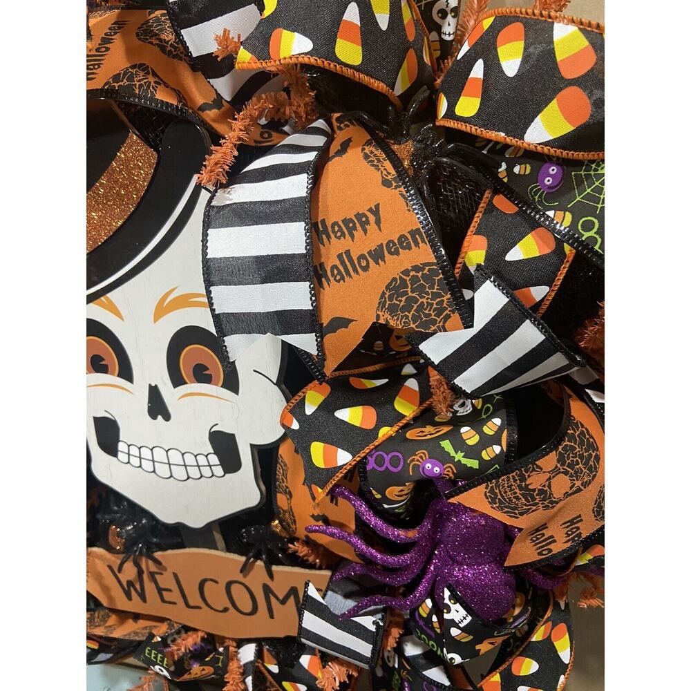 Halloween Deco Mesh Wreath~Skull, Spiders~Large~Front Door~Handmade - Picture 3 of 7